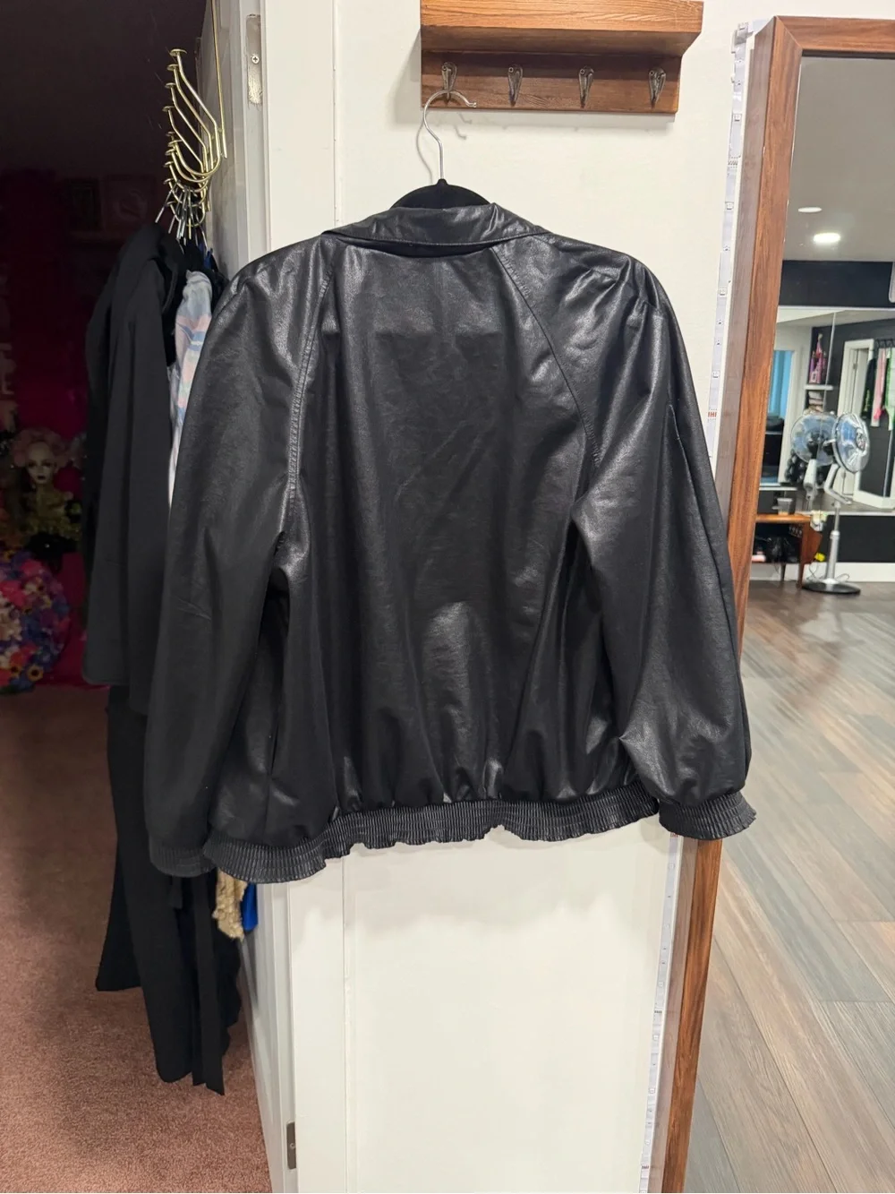 Bardot Black Faux Leather Bomber with Ruffle Hem